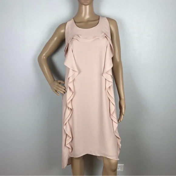BCBGMAXAZRIA PINK ASYMMETRICAL RUFFLE MINI DRESS - Picture 2 of 11